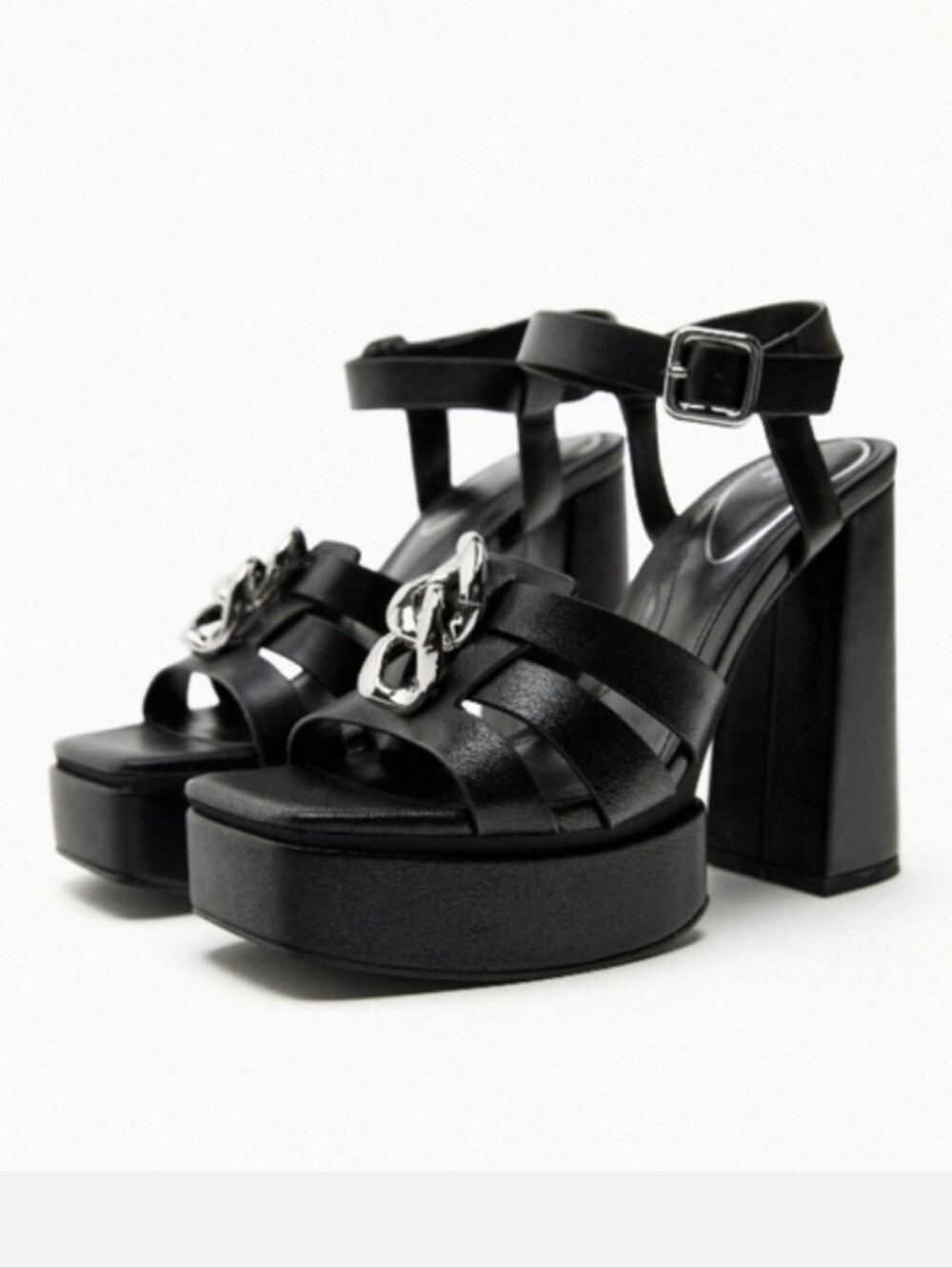 Zara Black Platform Block Heel Sandals with Silver Chain Detail